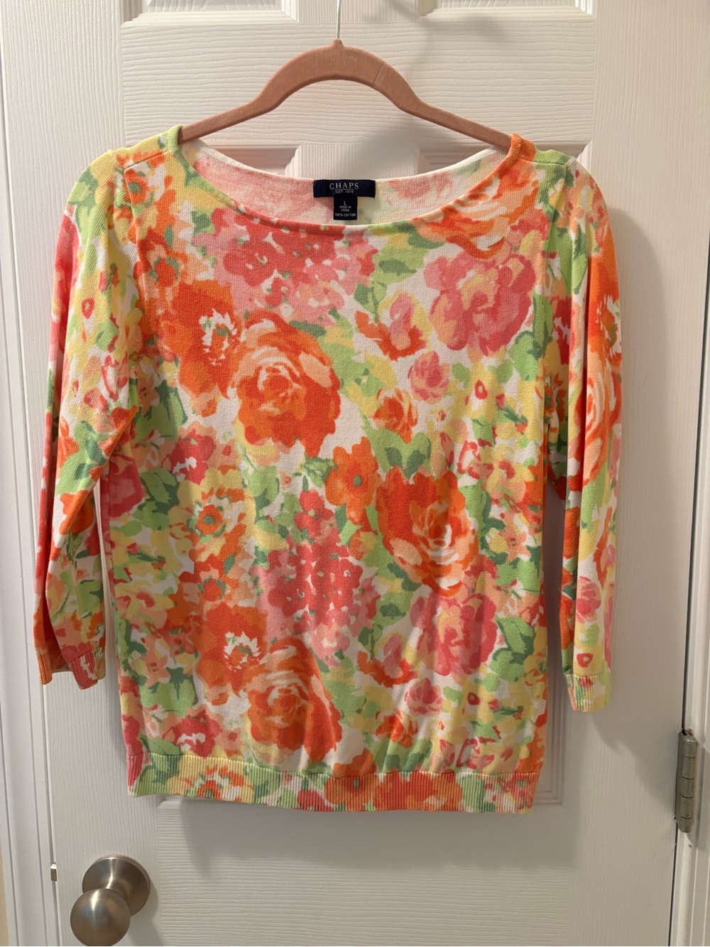 Chaps Floral Scoop Neck Lightweight 3/4 Sleeve- Orange & Pink